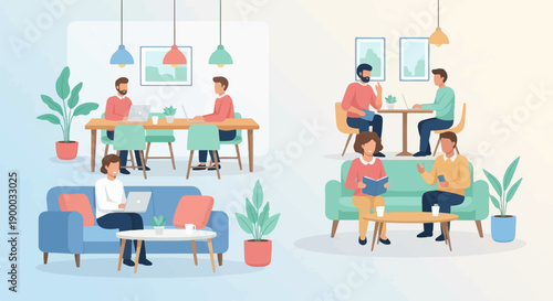 Diverse people work, read, and relax in contemporary indoor spaces