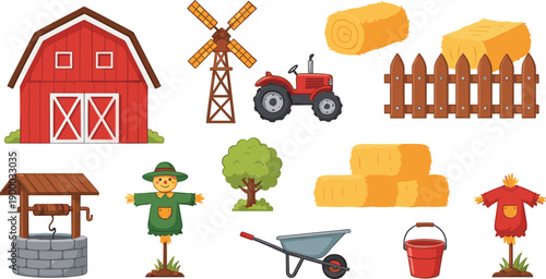 Red Barn and Farm Element Vector Set with Tractor Windmill Scarecrow Hay Bales and Well for Kids Countryside Agriculture Education and Landscape Design