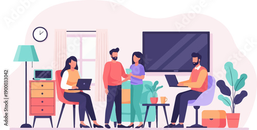 Diverse people collaborate on laptops in a modern, light-filled home office setting