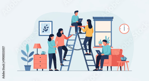 Diverse people collaborate on laptops using ladders in a modern living space