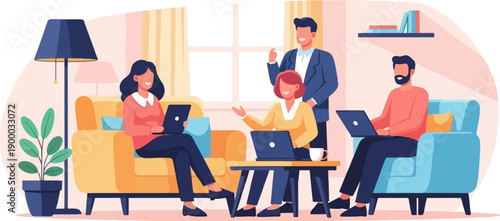 Diverse people collaborate on laptops in a cozy, modern living room setting