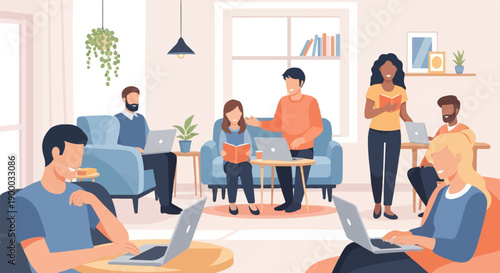 Diverse people collaborate on laptops and books in a bright, cozy indoor space