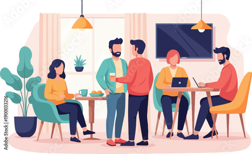 Diverse group interacting in a modern interior with plants and tech