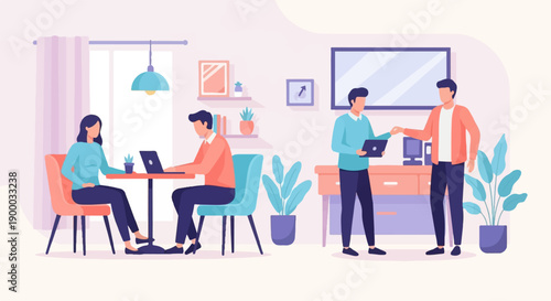 Diverse people collaborate and work in a modern, minimalist indoor setting