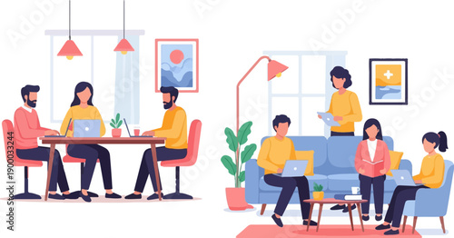 Diverse people collaborate and work on laptops in modern indoor settings