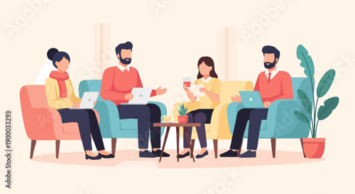 Diverse group in cozy living room, laptops and drinks, collaborative atmosphere