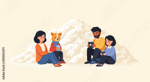 Diverse group enjoying beverages and tablets outdoors amidst textured mounds