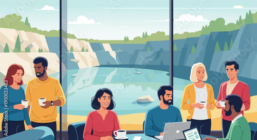 Diverse group enjoying coffee breaks in a meeting room overlooking a scenic quarry
