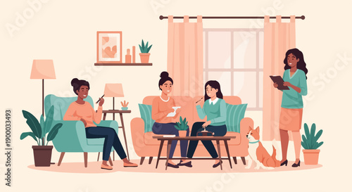 Diverse group discussing, writing, and listening in a cozy living room with a dog