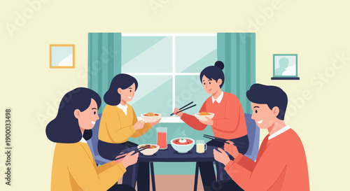 Diverse group enjoying a shared meal around a table with food and drinks