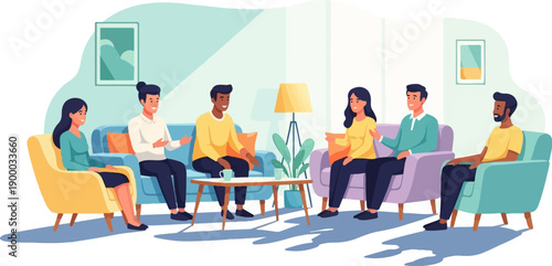 Diverse group conversing comfortably on sofas in a modern, well-lit living room