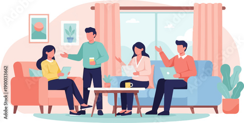 Diverse group conversing and working collaboratively indoors with modern decor