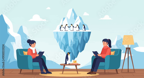 Cozy reading with penguins in an icy landscape