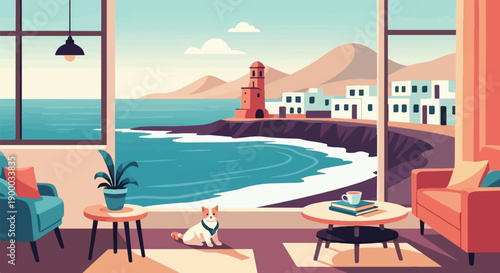 Cozy room interior with cat and coastal town view