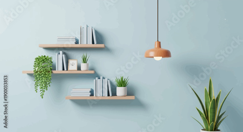Cozy room interior with light blue walls, wooden shelves, books, and plants