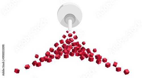 Data Stream Flow: Red 3D Cubes Dispensing from a Digital Funnel or Spigot on a White Background. Supply, Output, and Abundance Concept.