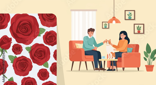 Couple relaxing at home, petting their cat, with roses