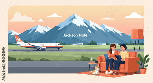 Couple relaxing at home watching airplane approach snowy mountains