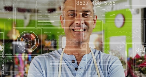 Standing owner wearing light blue shirt and beige apron folding arms in cafe, with AR overlays