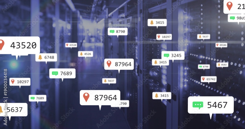 Fototapeta premium Displaying central server racks in data center aisle, with floating UI callouts and LEDs