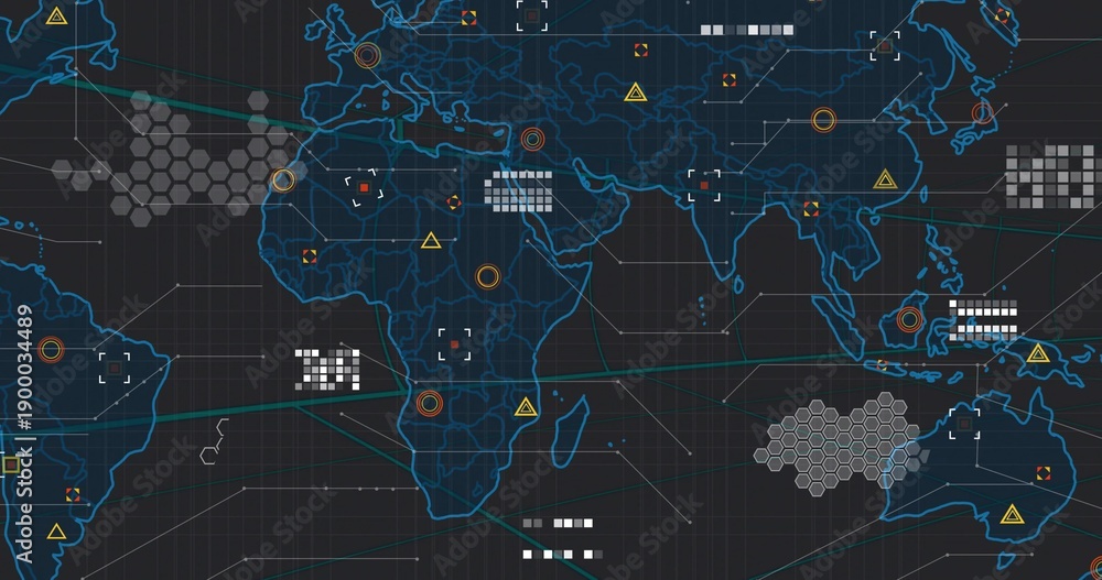 Naklejka premium Displaying blue-outlined global map on dark technical UI, showing hex clusters, warning icons