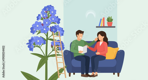 Couple relaxes indoors near a vibrant blue flower plant