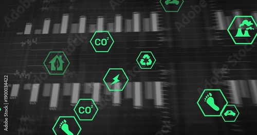 Displaying neon-green hexagonal icons over monitor UI, showing bars, lines, grid axis