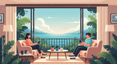 Couple relaxes in armchairs by a large window with a scenic water and mountain view