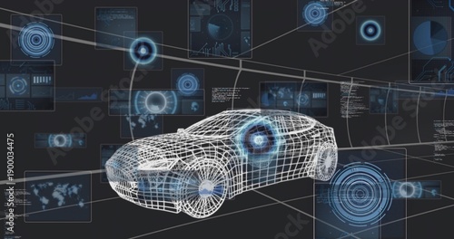 Displaying wireframe sedan model in virtual simulation space, with holographic UI panels, radar map