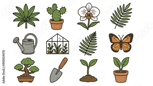 A colorful illustration of various plants and gardening tools on a white background