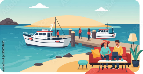 Couple relaxes by water with boats docked, while people walk on pier