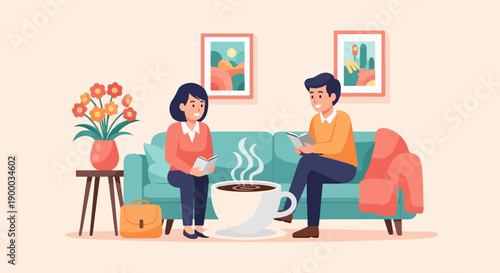 Cozy couple enjoys coffee and books in a comfortable living room