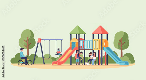 Diverse people and a dog enjoy a colorful playground with swings and slides