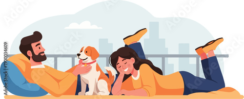 Couple relax on balcony with dog, city skyline backdrop
