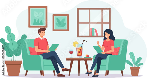 Couple relaxing in armchairs, with drinks and plants, in a cozy setting