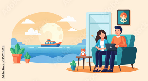 Couple relax indoors using laptop with coastal view and dog