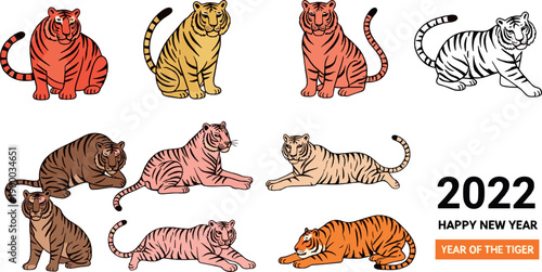 Chinese New Year tiger illustration set with multiple poses and styles, 2022 Year of the Tiger themed flat vector artwork for zodiac and festive design