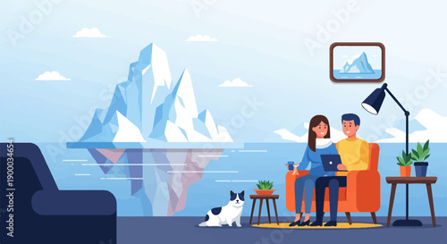 Couple relax at home with a dog and a view of icebergs