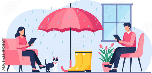 Couple reading on tablets in cozy chairs during rainy weather indoors