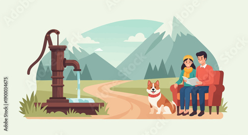 Couple reading with dog by old water pump in mountain landscape