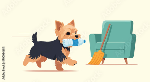 Energetic terrier dog carries plastic bottle in mouth near armchair and broom