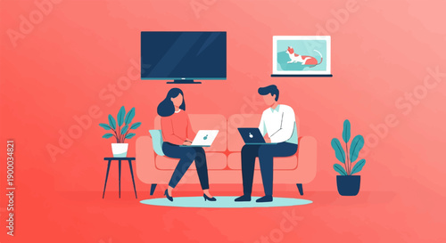 Couple on sofa with laptops and plants in a modern room