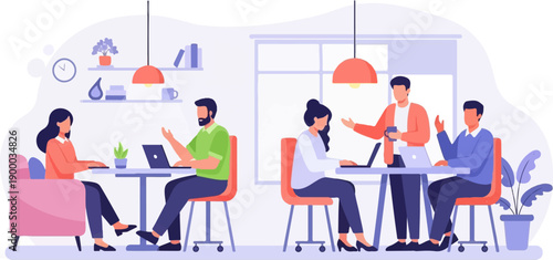 Diverse professionals collaborating in a modern office, using laptops, and interacting