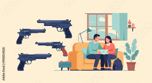 Couple on sofa with laptop surrounded by handguns, inside a room with plants
