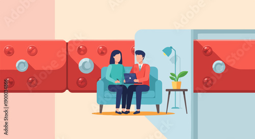 Couple on sofa with laptop and plant, red textured background