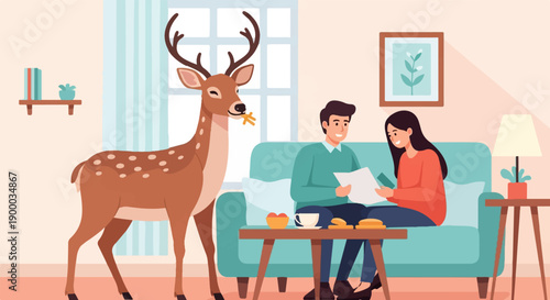 Couple on sofa with deer in living room, reviewing papers