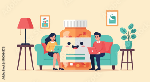 Couple on sofa with a large happy pill bottle and laptops