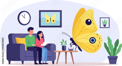 Couple on sofa with a giant yellow butterfly indoors