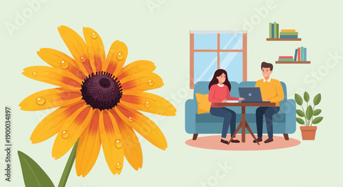 Couple on sofa using laptop near large yellow flower with water droplets