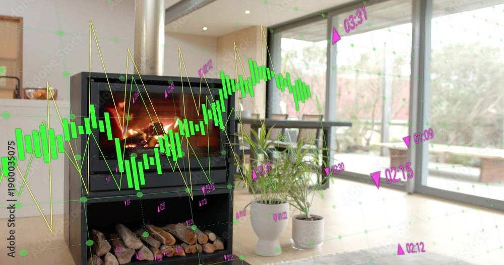 Obraz premium Flickering black wood-burning stove showing flame and firewood in living area with AR overlay